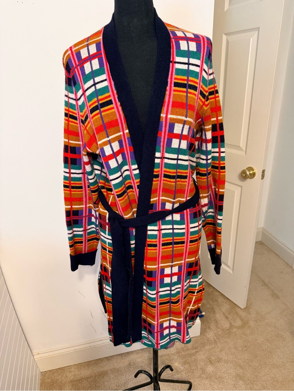 Anthropologie Multicolor Plaid Belted Knit Cardigan with Navy Trim